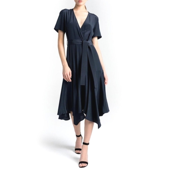 A.L.C. Cora Silk Asymmetrical Hem Midi Wrap Dress in Midnight Navy Women's Sz 6